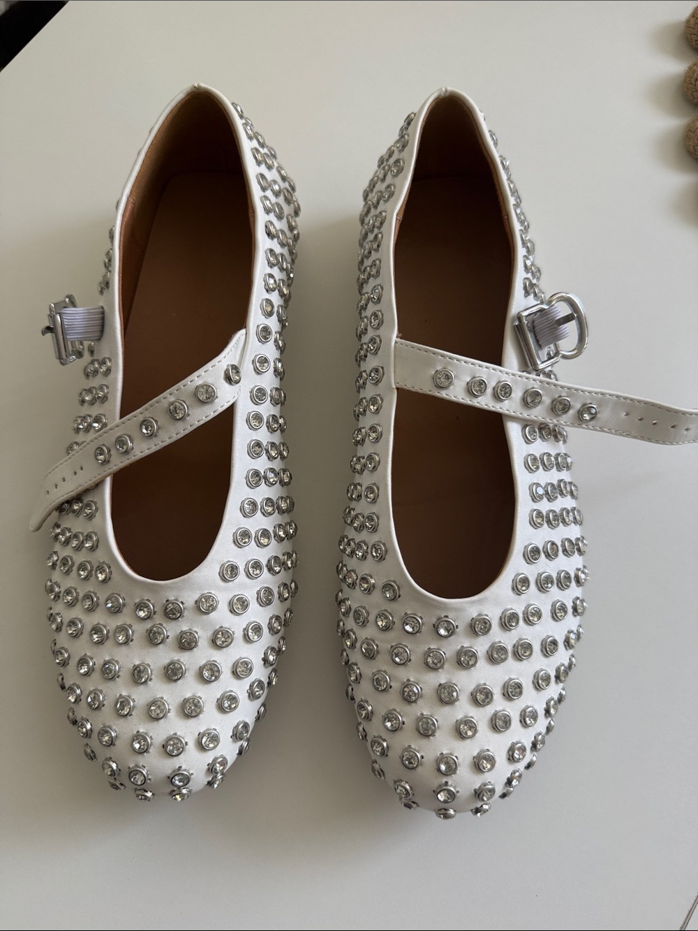 Embellished White Mary Jane Flats with Crystal Studs